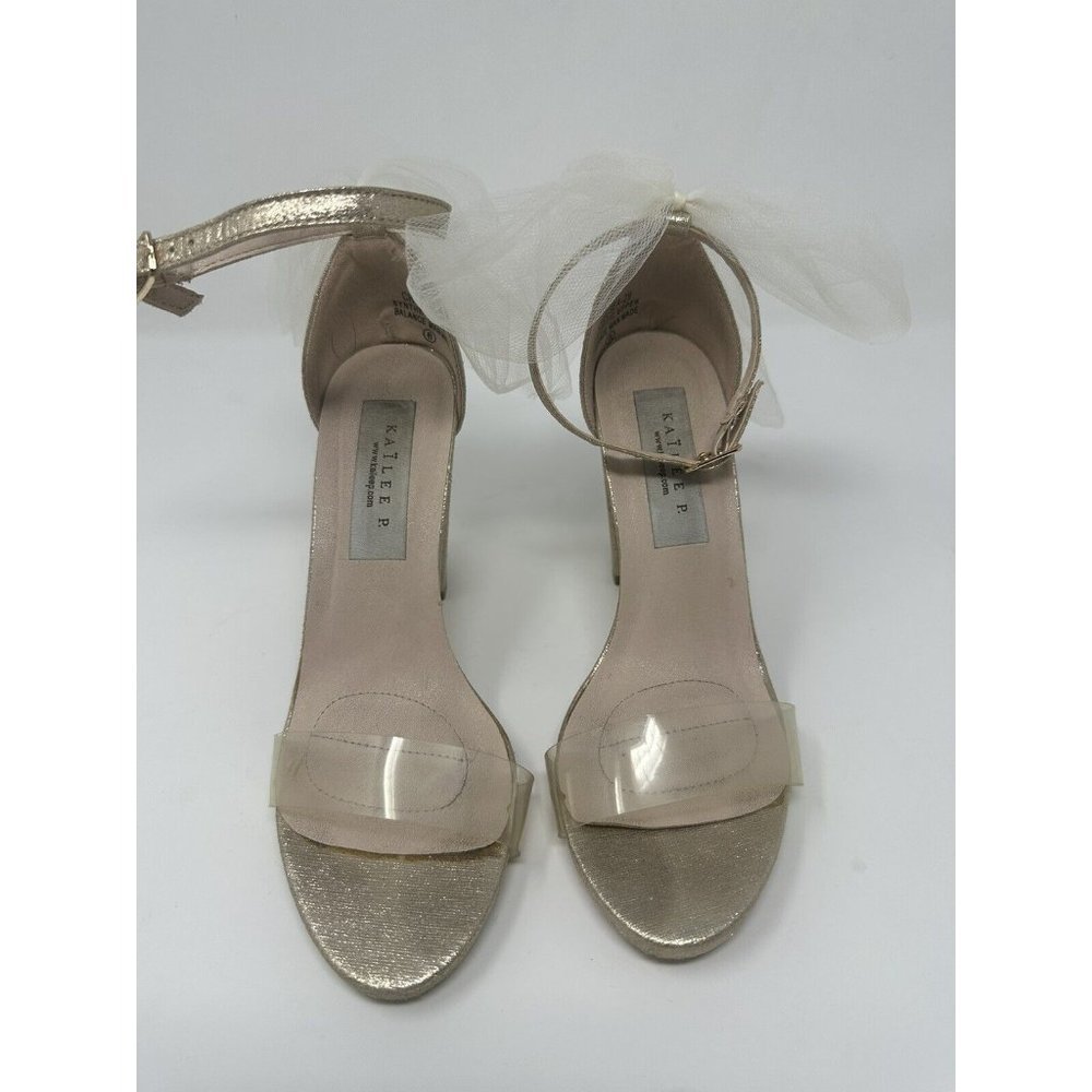 Kailee P. Gold Satin Almond Toe Block Heel Size 6  Chelsea-29 Glitter Tulle Bow